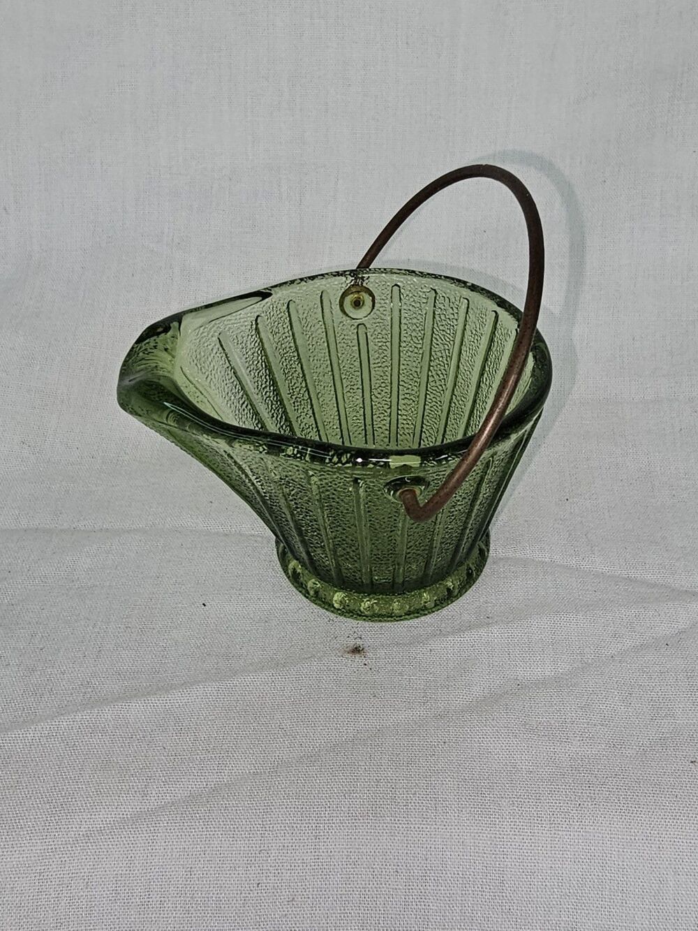 Vintage Green Ribbed Glass “Wash Bucket” Basket Metal Handle Mid-Century Decor